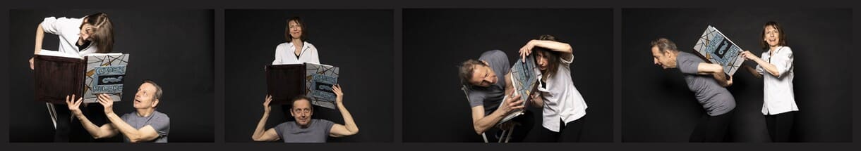 Fotostreifen: Künstler:innenduo mit Originalbuch