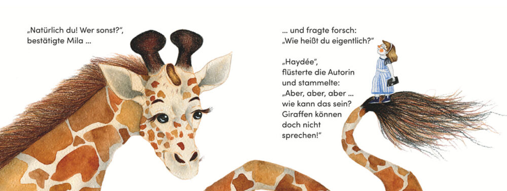 Doppelseite aus dem Bilderbuch "Die Giraffe, die nicht in ihr Buch passte"