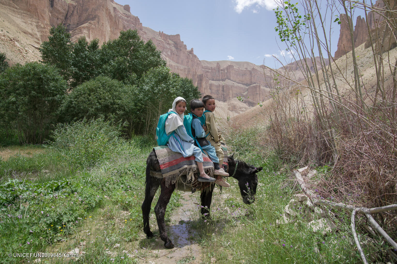 Am 7. Juli 2026 machen sich Schüler nach dem Unterricht in der gemeindebasierten Schule im Dorf Joshanak im Bezirk Yakawlang in der Provinz Bamyan auf dem Rücken von Eseln auf den Heimweg. Für viele Kinder in dieser abgelegenen Gemeinde sind Esel nach wie vor ein unverzichtbares Transportmittel, das ihnen hilft, die langen Wege zwischen Zuhause und Schule zurückzulegen. Indem sie qualitativ hochwertige Bildung näher an den Wohnort der Kinder bringen, verringern die Community-Based Schools Lernbarrieren und sorgen dafür, dass mehr Mädchen und Jungen regelmäßig die Schule besuchen und ihre Träume verwirklichen können.