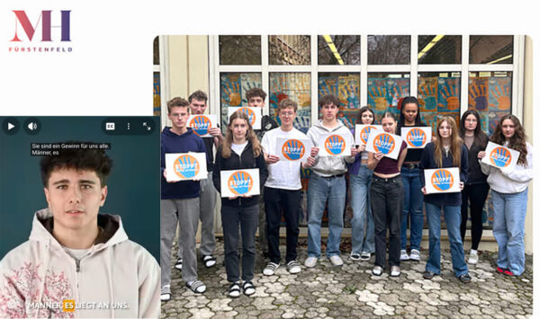 Zusammen-montierte Screenshots aus einem Video von Schüler:innen der Handelsakademie Fürstenfeld (Steiermark) gegen Männer-Gewalt an Frauen und einem Beitrag auf der Schul-Homepage zur Aktion