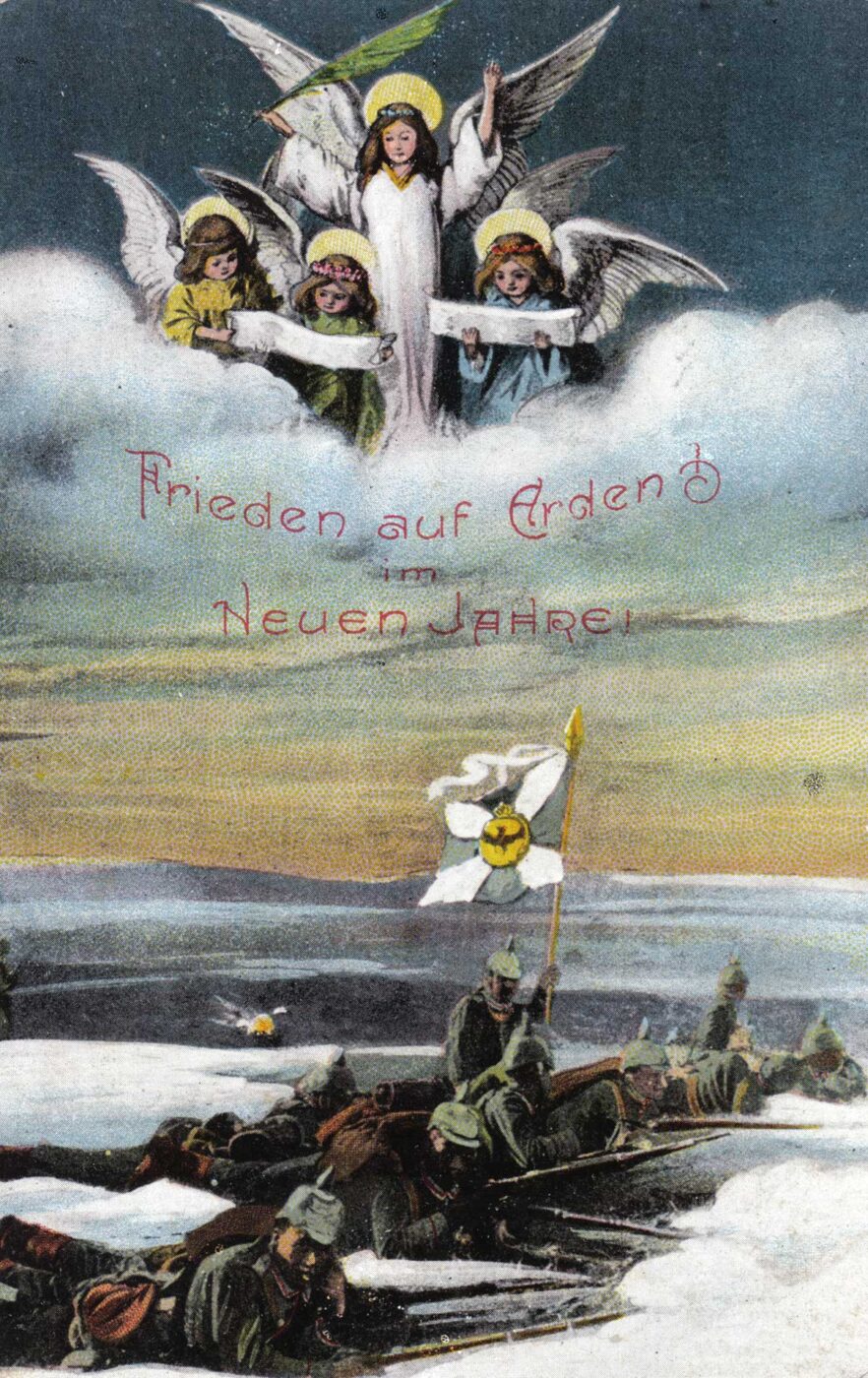 Postkarte aus der Weihnachtszeit im ersten Weltkrieg mit der Hoffnung auf Frieden