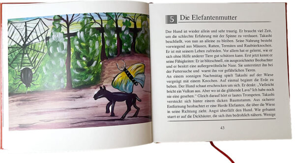 Doppelseite aus dem bebilderten Buch: "Ich habe den Menschen gerne, sagte der Hund"