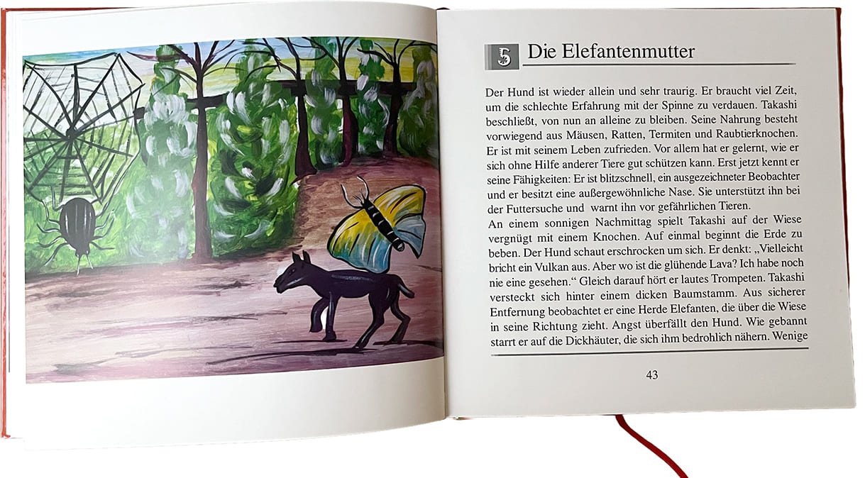 Doppelseite aus dem bebilderten Buch: "Ich habe den Menschen gerne, sagte der Hund"
