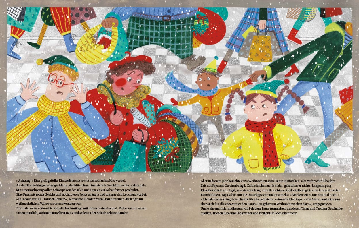 Doppelseite aus dem Bilderbuch "Kein Weihnachtsbaum für Kleo?"