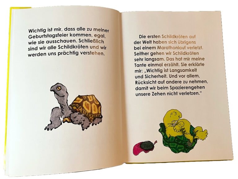 Doppelseite aus dem Bilderbuch "Die Komödienschildkröte"