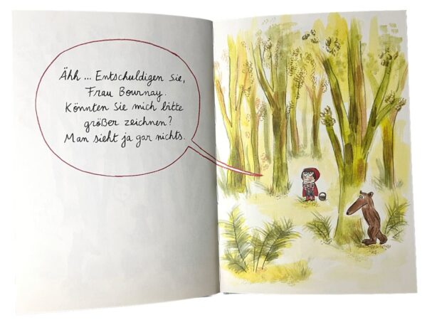 Doppelseite aus dem Bilderbuch "Rotkäppchen, der Wolf und die Zeichnerin"