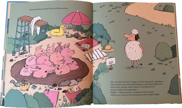 Doppelseite aus dem Bilderbuch "Der Club der Schweinchen"