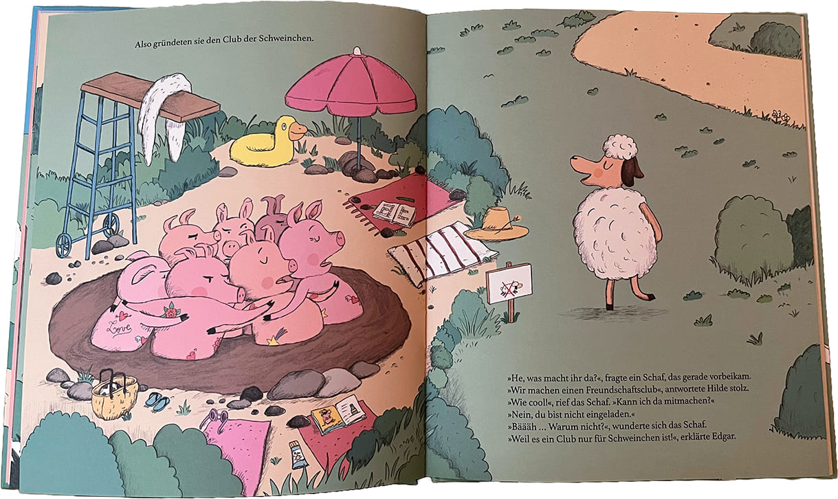 Doppelseite aus dem Bilderbuch "Der Club der Schweinchen"