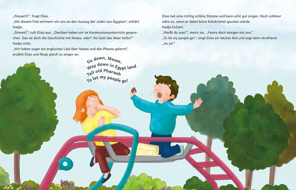 Doppelseite aus dem Bilderbuch "Nadja und Elias feiern Pessach"