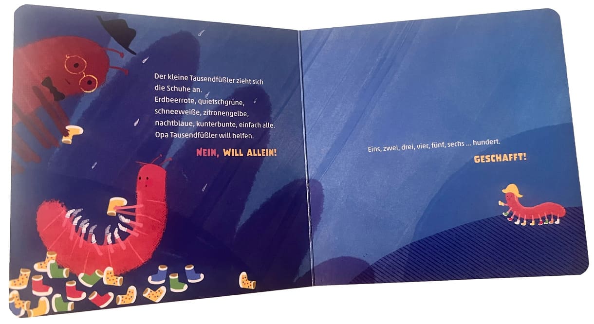 Doppelseite aus dem Papp-Bilderbuch "Nein, will allein"