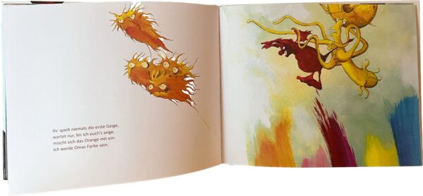 Doppelseite aus dem Bilderbuch "NUR ICH allein will Omas Farbe sein"