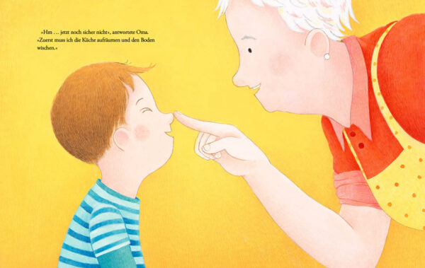 Doppelseite aus dem Bilderbuch "Oma, wann stirbst du?"
