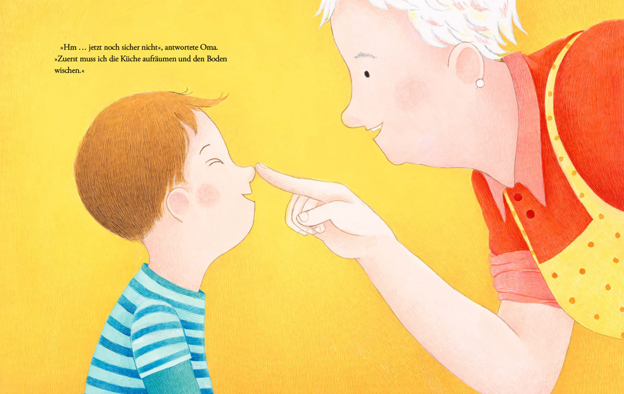 Doppelseite aus dem Bilderbuch "Oma, wann stirbst du?"