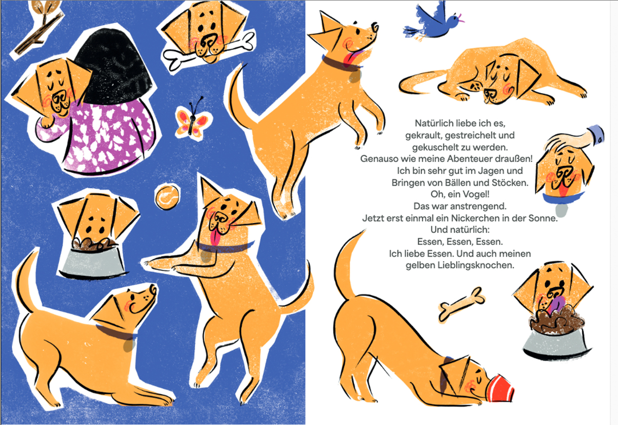 Doppelseite aus dem Bilderbuch "Wuff, ich bin Pommes. Meine Abenteuer als Blindenführhund"