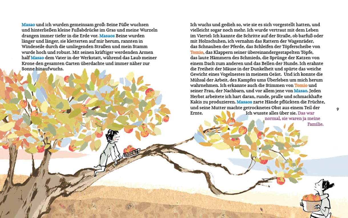 Doppelseite aus dem Bilderbuch "Da ist ein Baum in Japan"