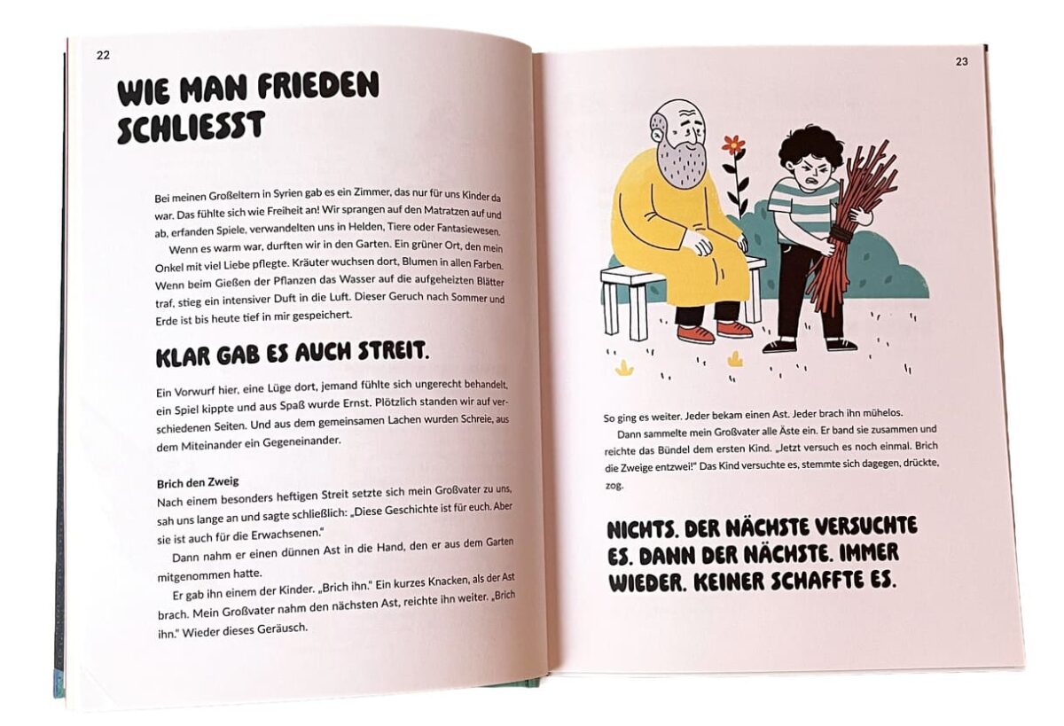 Foto einer der Doppelseiten des Buches "Frieden ist unsere Superkraft"