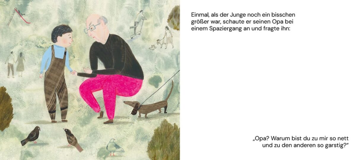 Doppelseite aus dem Bilderbuch "Der Opa mit der rosa Hose"