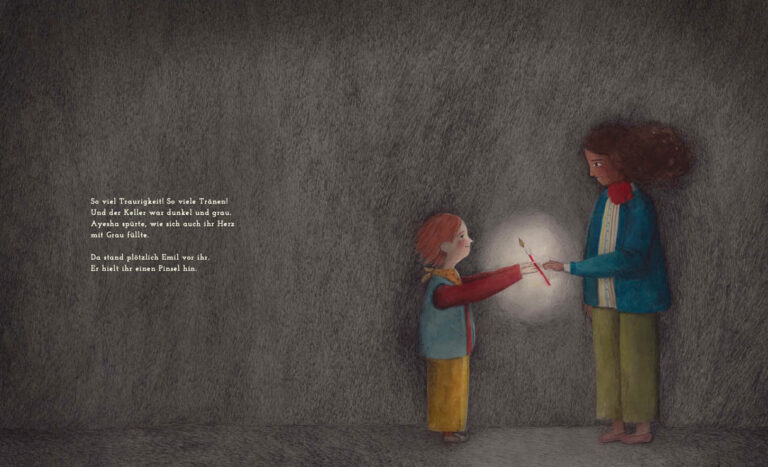 Doppelseite aus dem Bilderbuch "Ayeshas Pinsel"