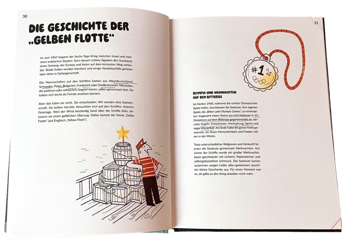 Foto einer der Doppelseiten des Buches "Frieden ist unsere Superkraft"
