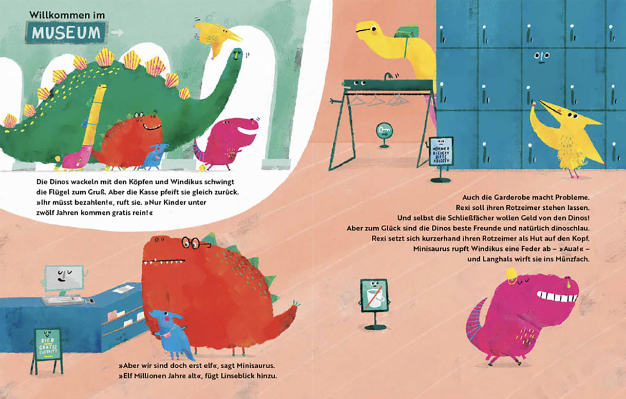 Doppelseite aus dem Bilderbuch "Was macht ein Dino im Museum?"