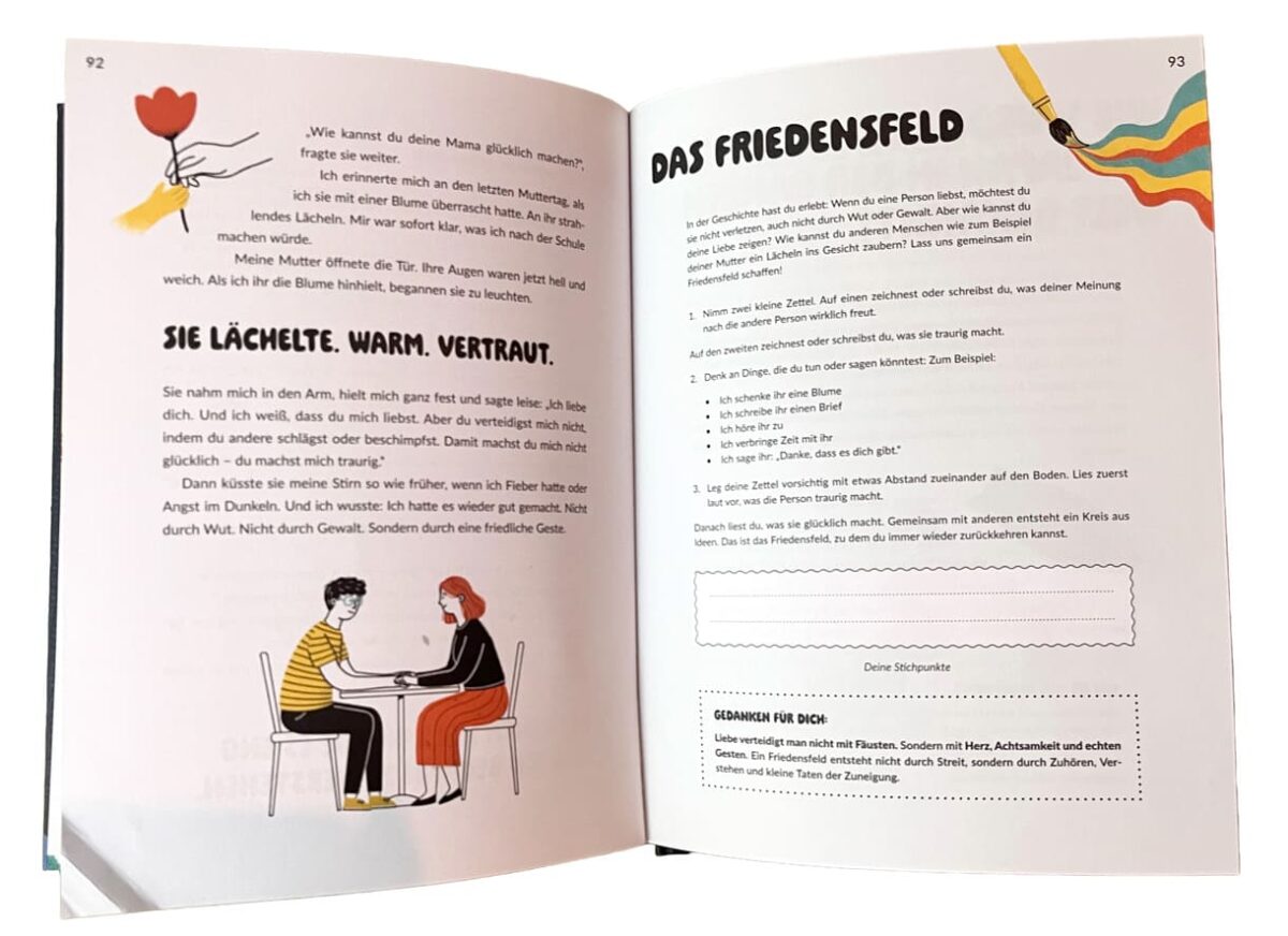 Foto einer der Doppelseiten des Buches "Frieden ist unsere Superkraft"