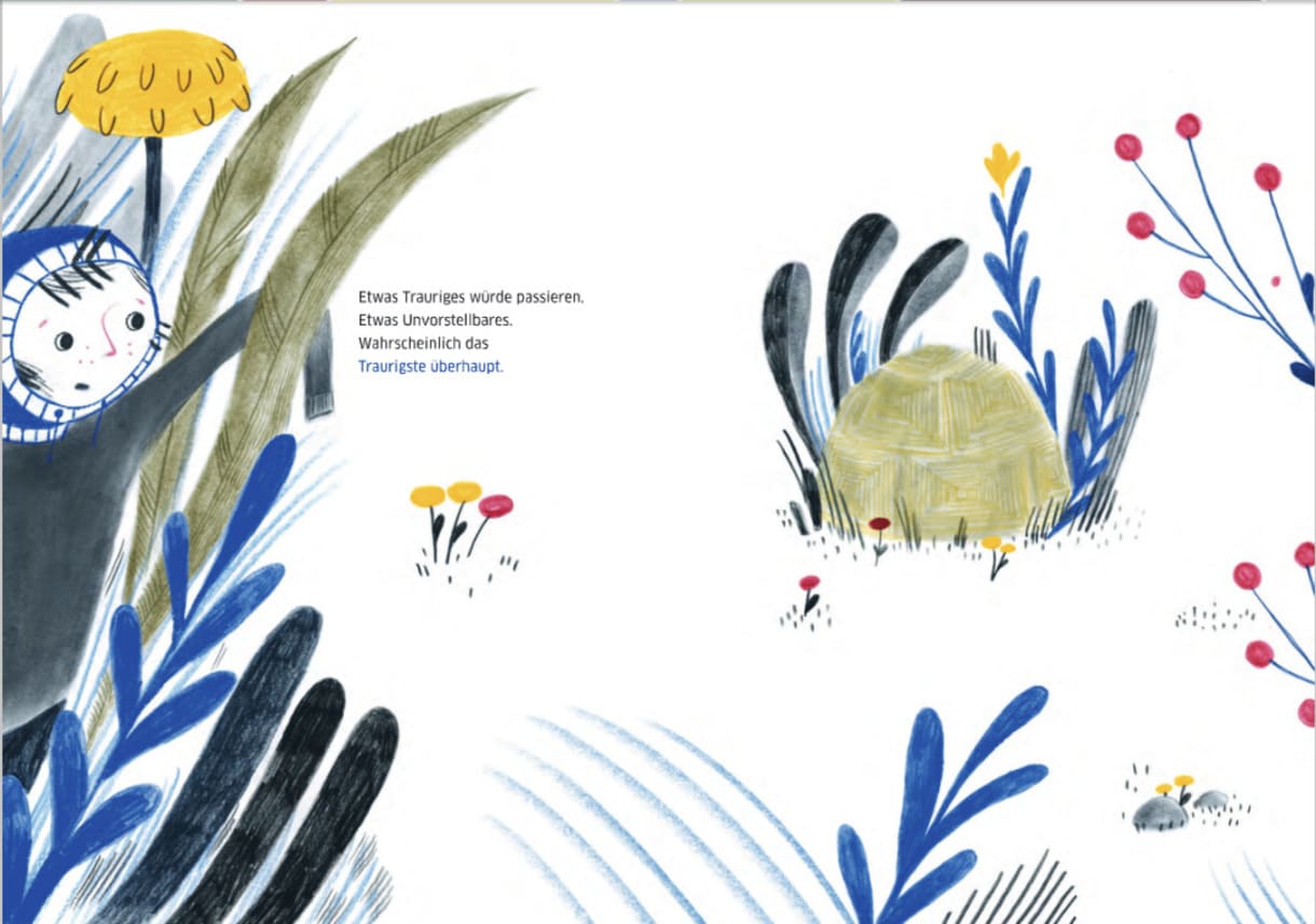 Doppelseite aus dem Bilderbuch "Komm, ich trag dich ein Stück, sagte die Schildkröte"