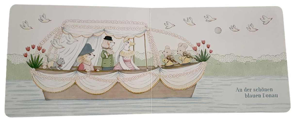 Doppelseite aus dem klingenden Papp-Bilderbuch "Ich entdecke Johann Strauss und seine Walzer"