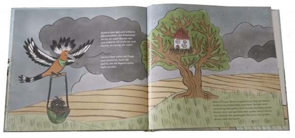 Doppelseite aus dem Bilderbuch "Der kleine Hudhud will kein Vogel mehr sein