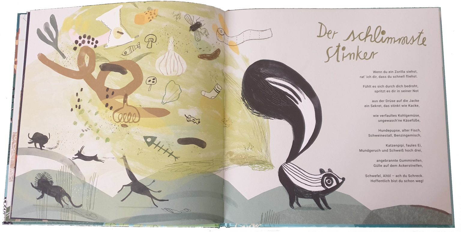 Doppelseite aus dem Bilderbuch "Wer besser spinnt, gewinnt" - hier das Stinktier Zorilla