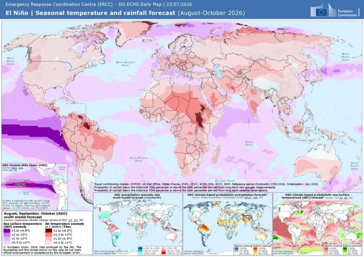 Prognostizierte Temperatur- und Niederschlagsanomalien für den Zeitraum August bis Oktober 2026 nach Copernicus Climate Change Service