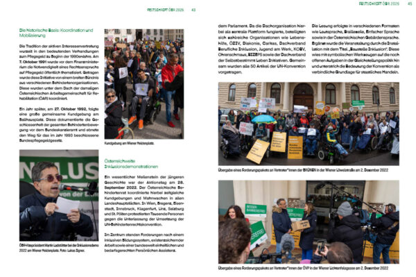 Zwei Seiten aus der Festschrift zum 50-Jahr-Jubiläum des Österreichischen Behindertenrates (ÖBR): Aktionen und Demonstrationen für Rechte von behinderten Menschen