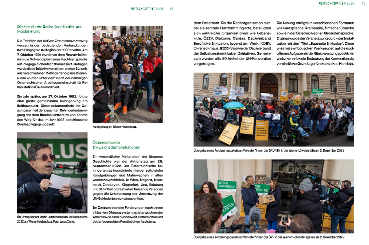 Zwei Seiten aus der Festschrift zum 50-Jahr-Jubiläum des Österreichischen Behindertenrates (ÖBR): Aktionen und Demonstrationen für Rechte von behinderten Menschen