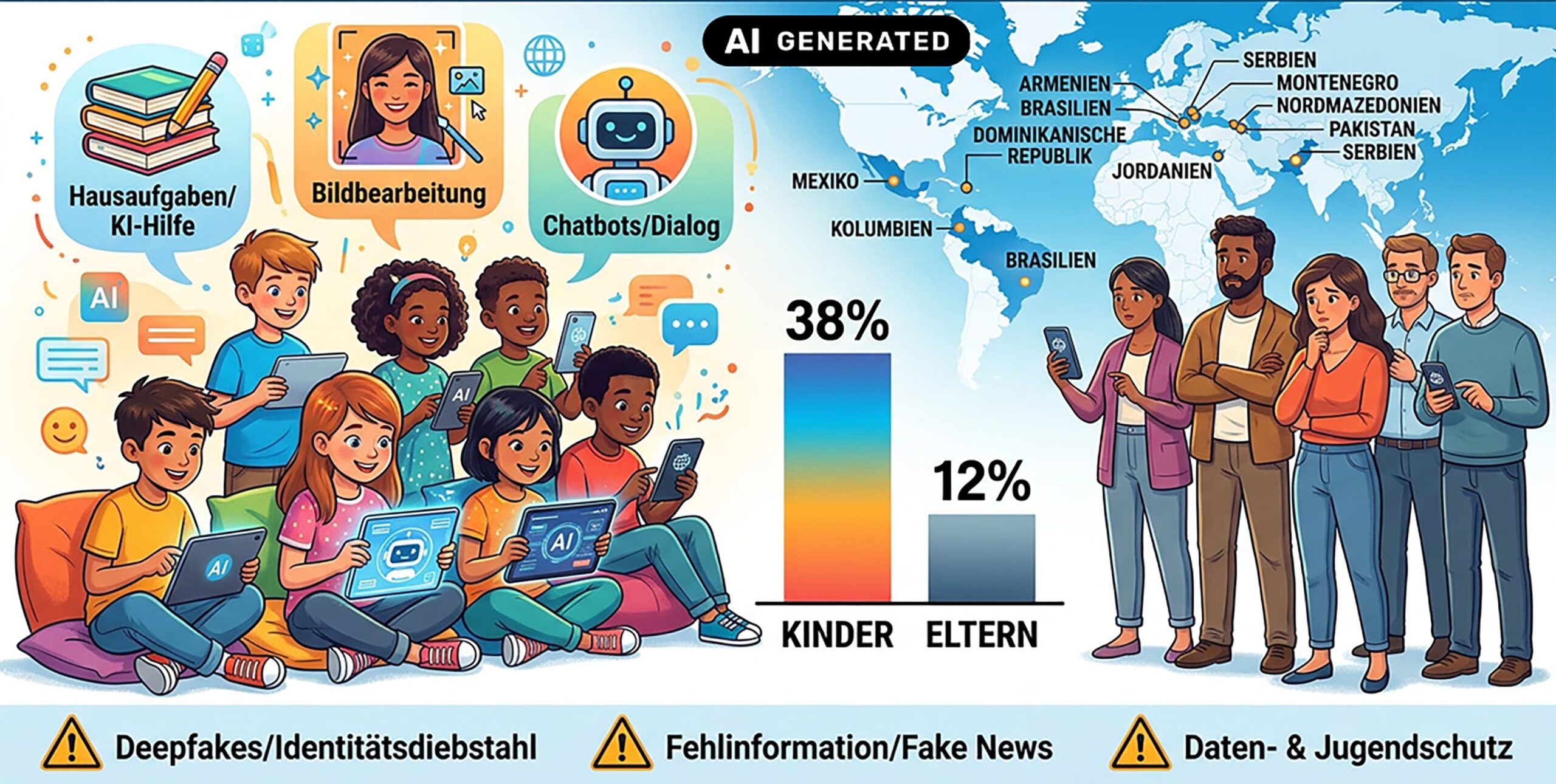 KI-generierte (Adobe Firefly) Grafik zu zusammengefassten Ergebnissen der Unicef-KI-Studie
