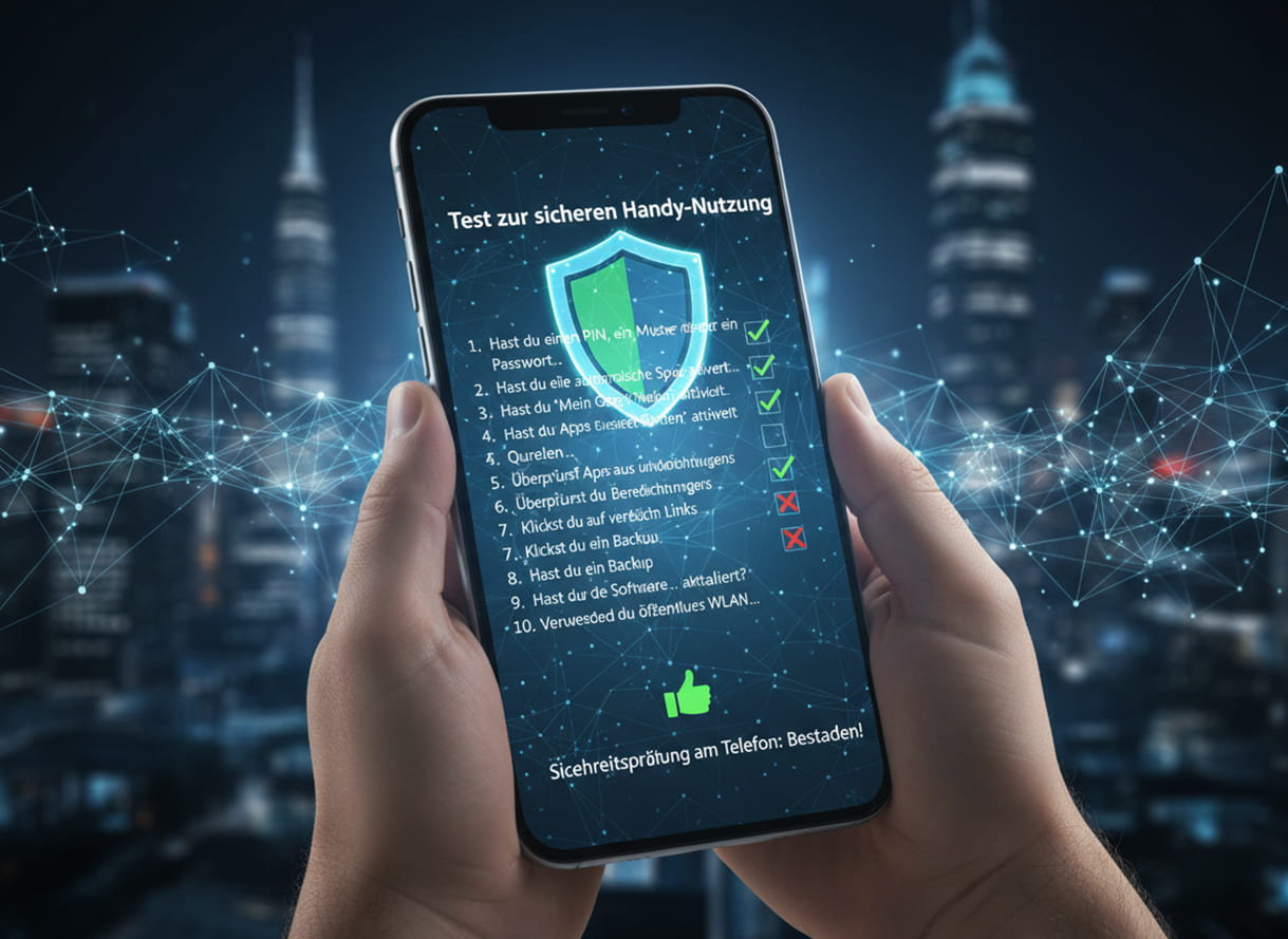 Mit KI (Firefly Gemini von Adobe) erstelltes Bild zum Prompt: Test zur sicheren Handy-Nutzung
