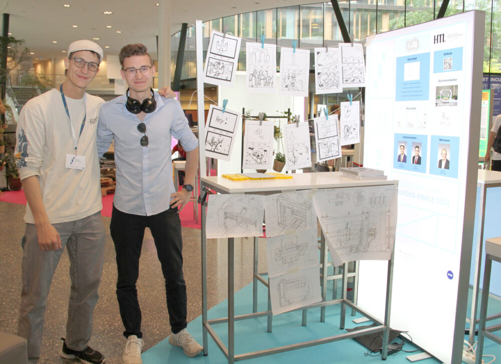 Samuel Nösslböck und Rene Schwarz und Zeichnungen - von menschen begonnen von ihrem KI-Zeichen-Roboter fortgesetzt