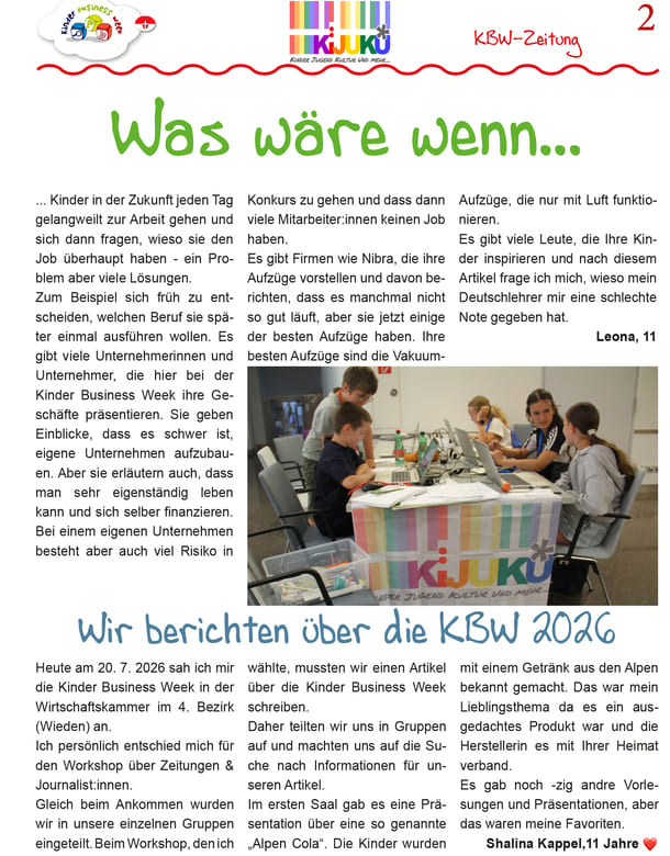 Eine der drei Seiten, die in den KiJuKU-Workshops bei der Kinder Business Week 2026 entstanden sind