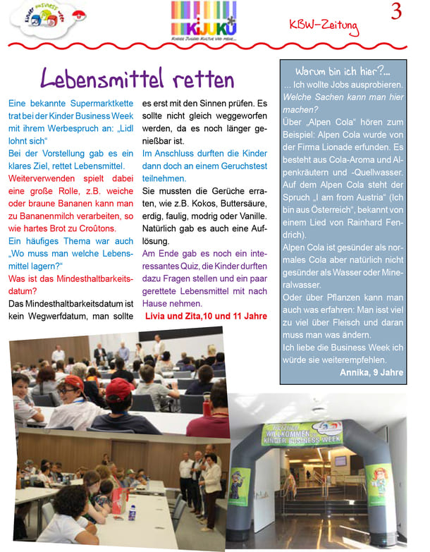 Eine der drei Seiten, die in den KiJuKU-Workshops bei der Kinder Business Week 2026 entstanden sind