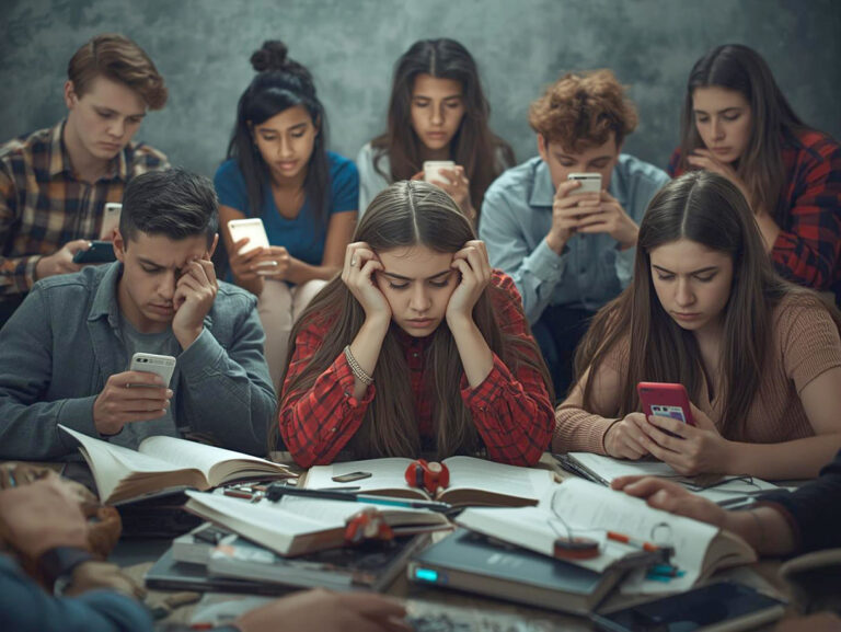 Prompt für die Erstellung dieses KI-Bildes: "Hausaufgaben sind für viele reine Zeitverschwendung:• Nur ein Drittel der Jugendlichen hält Hausaufgaben für sinnvoll• Smartphone ist zugleich Problemlöser und störende Ablenkung• Eltern nehmen Belastungen kaum wahr"