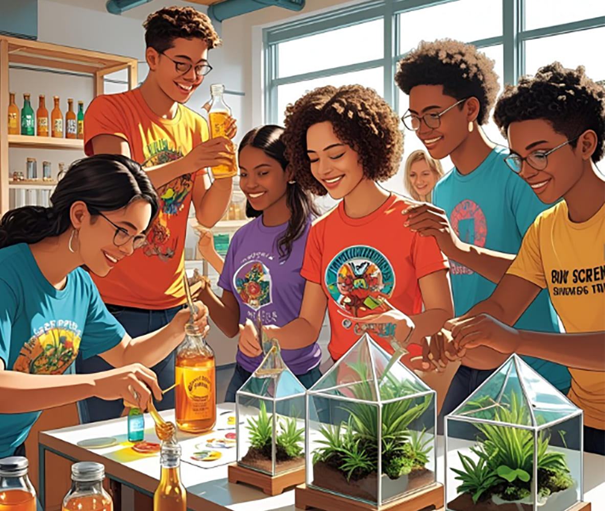 Statt einer Montage von Fotos der drei hier vorgestellten Junior Companies eine KI-generierte Illustration; der Propmt dazu: Schüler:innen gründen Unternehmen, stellen Essig-Honig (Oxymel) her, gestalten individuelle T-Shirts und bauen kleine Glasgärten