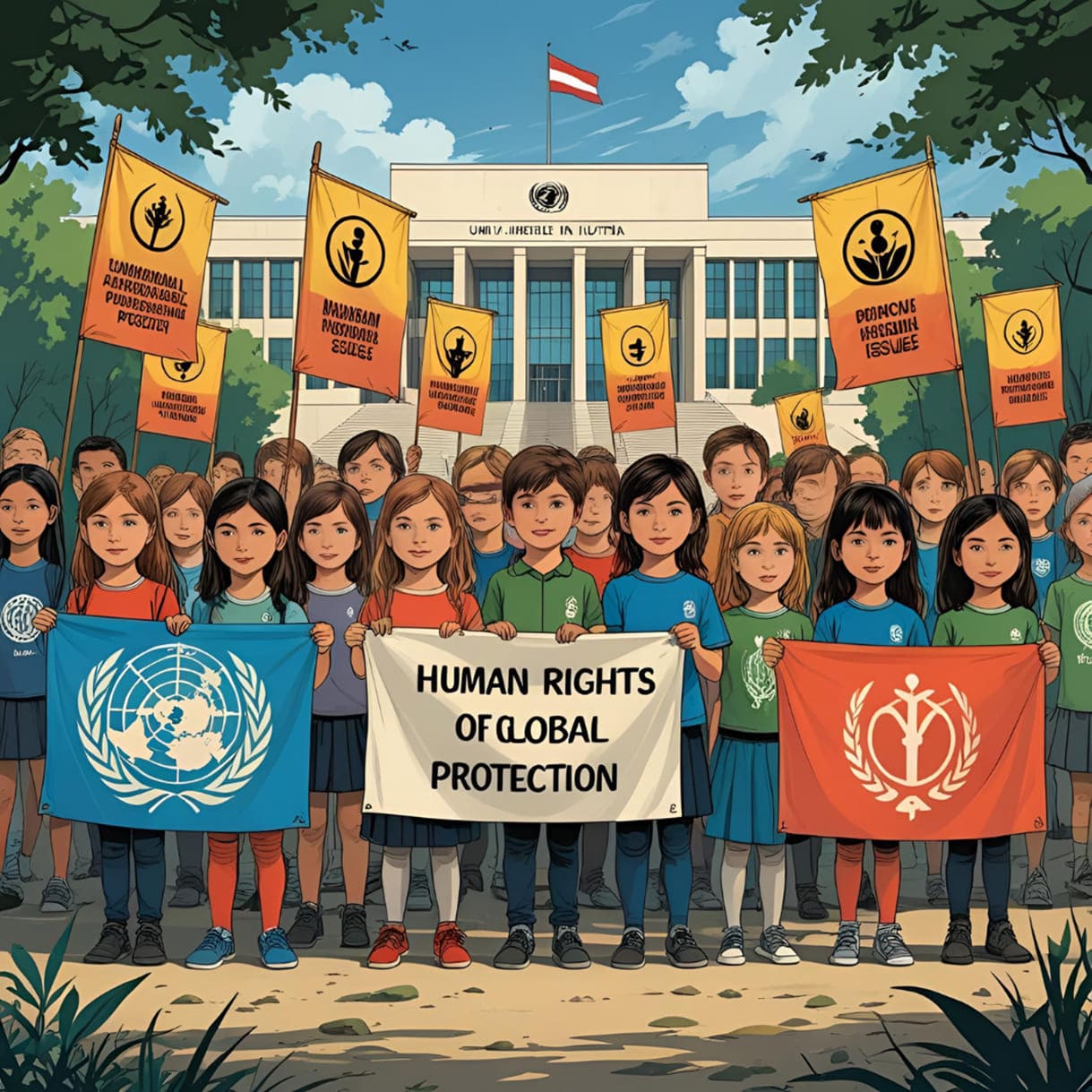 Mit Ki - canva.com - generierte Illustration zu diesem Beitrag: Stichworte waren: Menschenrechte, Kinderrechte, Umwelt, Österreich, UNO-Prüfung