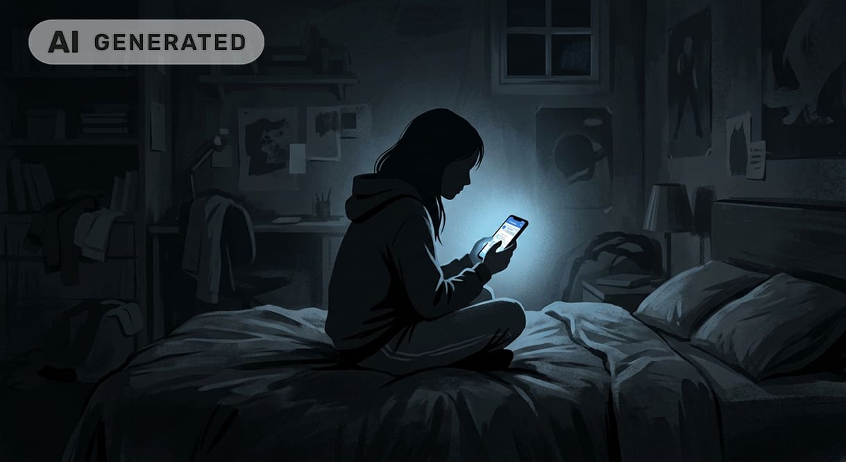 KI-genererierte Illustration (Adobe Firefly) auf der Basis einer KI-Zusammenfassung des Berichts mit der englischen Version des Prompts: „Redaktionelle Illustration: Die Silhouette eines Kindes, das allein in einem dunklen Raum vor einem leuchtenden Smartphone-Bildschirm sitzt; sanftes blaues Licht; Gefühl der Isolation und Verletzlichkeit; minimalistischer Stil; keine Gesichtszüge sichtbar; gedämpfte Farbpalette“