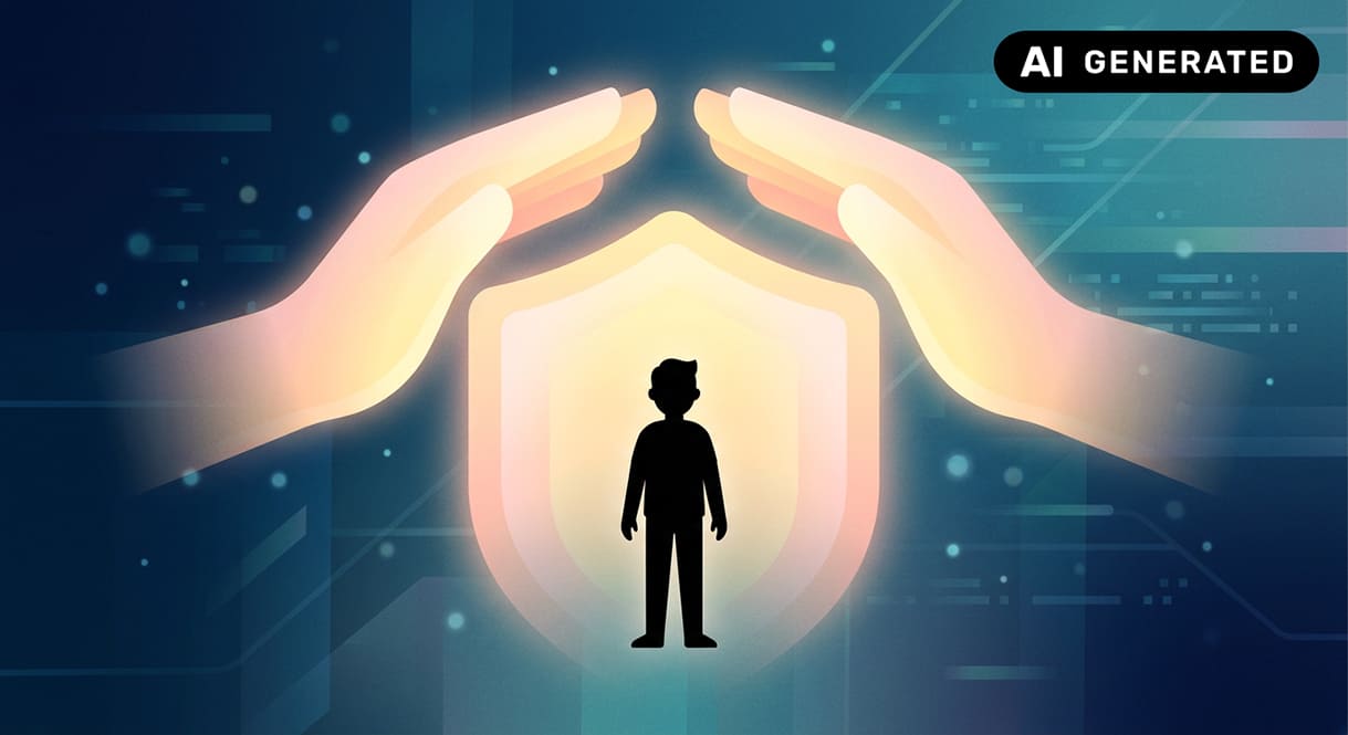 KI-genererierte Illustration (Adobe Firefly) auf der Basis einer KI-Zusammenfassung des Berichts mit der englischen Version des Prompts: „Illustration von schützenden Händen oder einer Schildform aus sanftem Licht, die eine kleine Silhouette behutsam umgibt; warme Kontrastfarben vor einem kühlen digitalen Hintergrund; symbolisiert Sicherheit und Unterstützung; minimalistischer Stil“