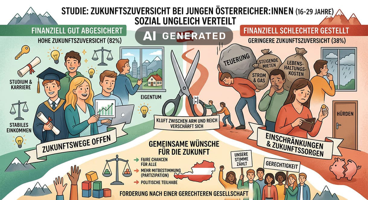 KI-generierte Grafik auf der Basis einer Kürzest-Zusammenfassung des 2. Jugendmonitors der Arbeiterkammer; nun auch in der Grafik selber gekennzeichnet