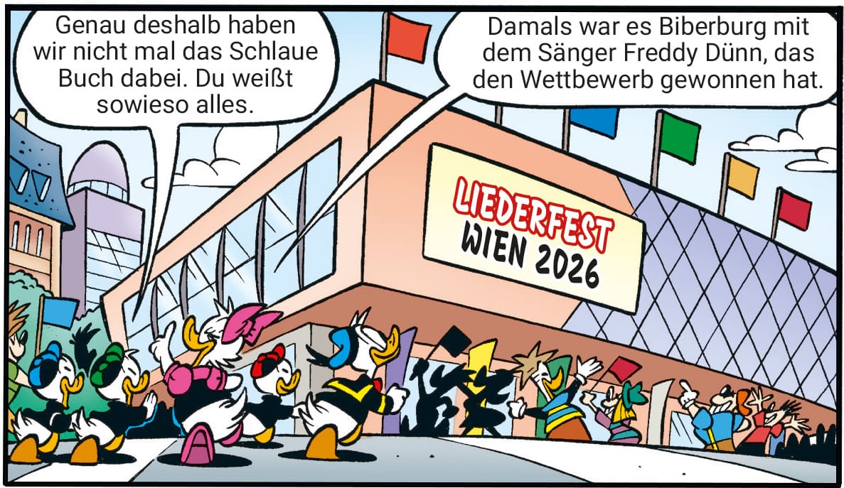 Ausschnitt aus der Titelgeschichte des brandaktuellen Micky-Maus-Magazins zum ESC - Eurovision Songcontest in Wien