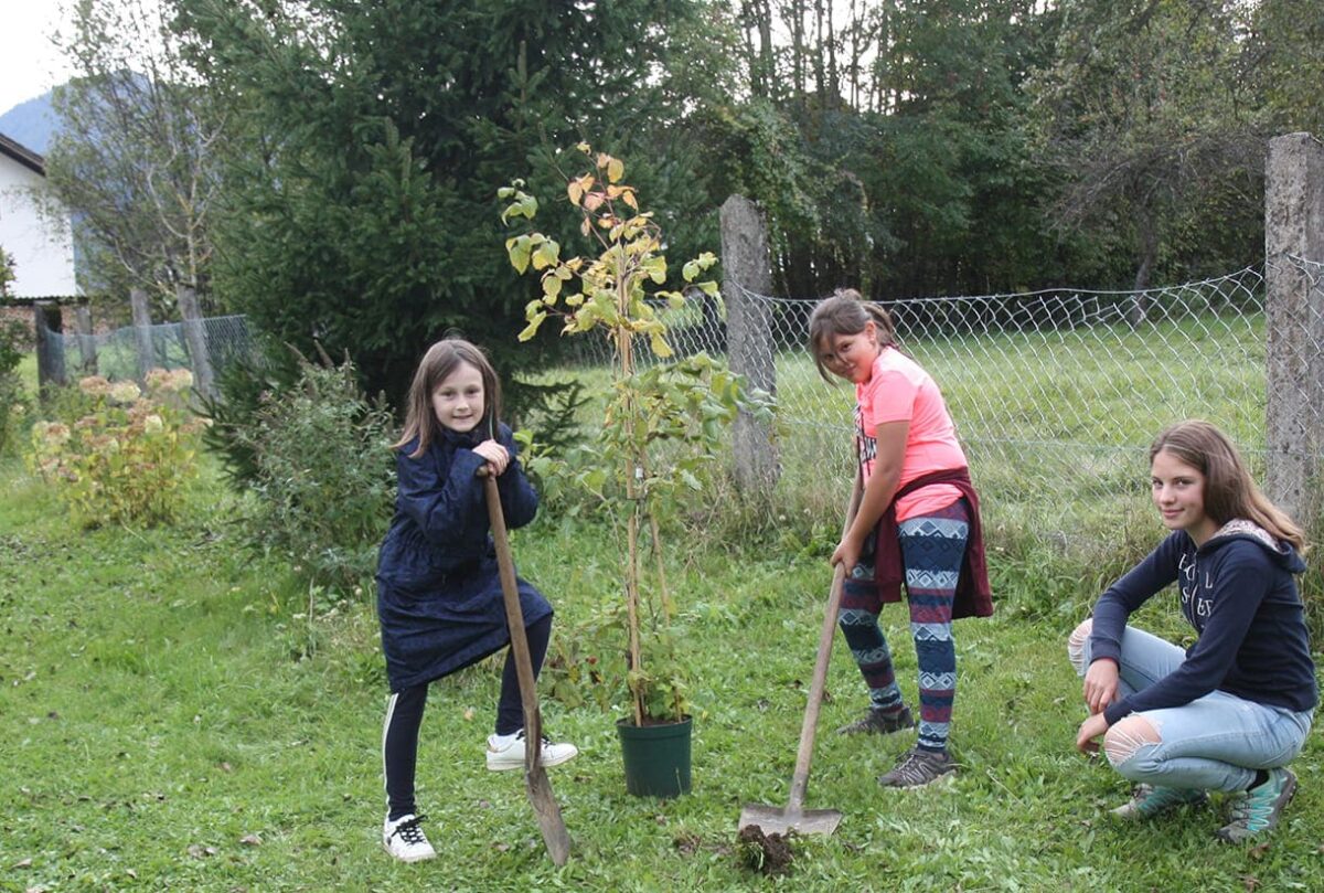 Melissa, Tamina und Maria bei eienr Baumpflanzaktion