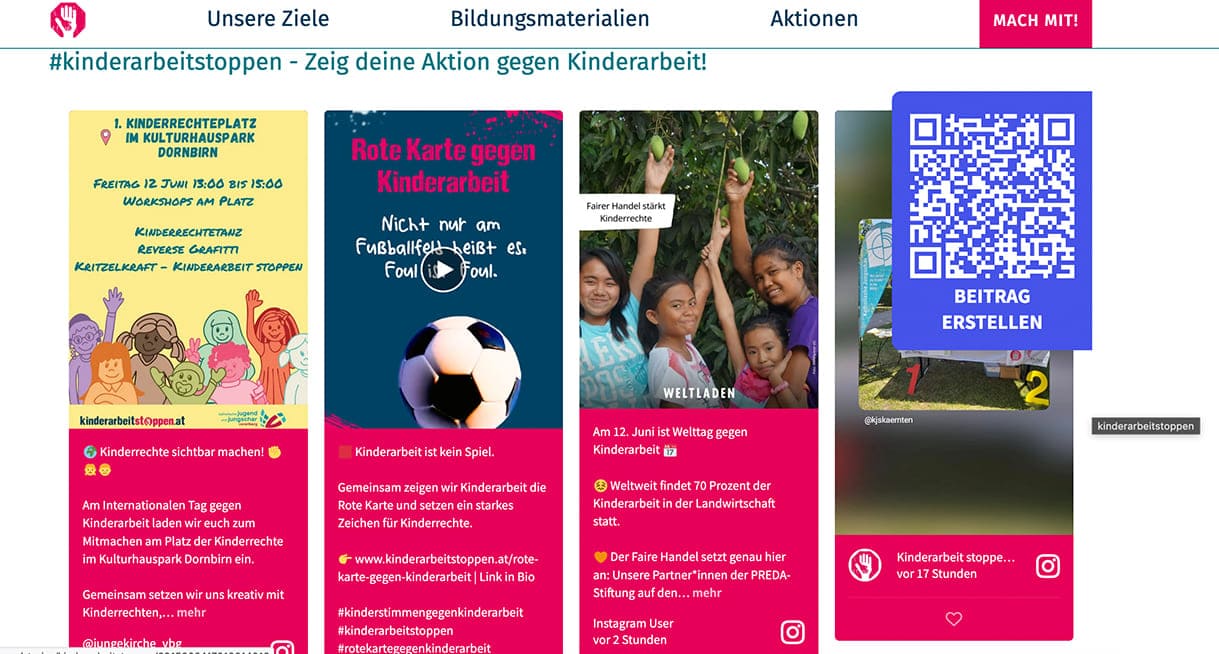 Screenshot von der Homepage Kinderarbeit stoppen mit Postings von Statements im Stile Roter Karten mit Statements gegen Kinderarbeit