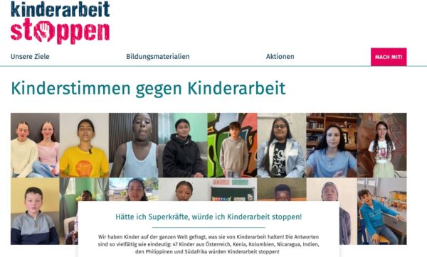 Fotos vieler Kinder unter dem Titel "Kinderstimmen gegen Kinderarbeit"