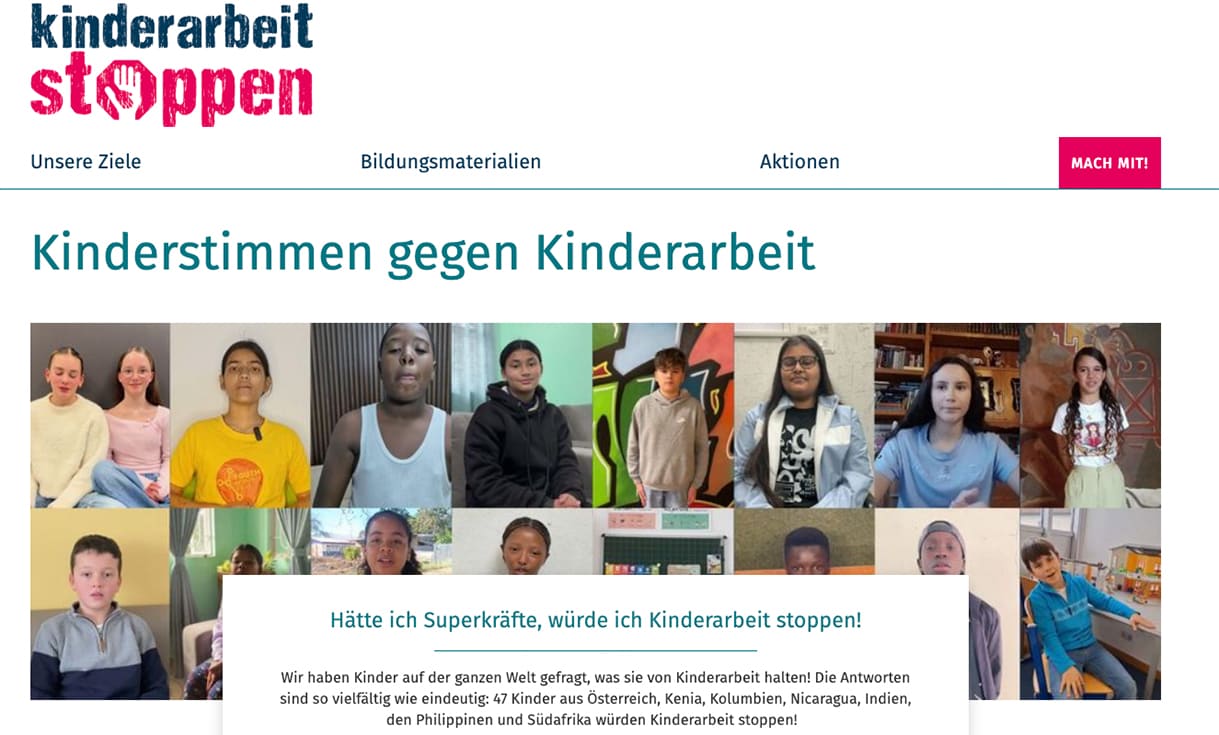 Fotos vieler Kinder unter dem Titel "Kinderstimmen gegen Kinderarbeit"