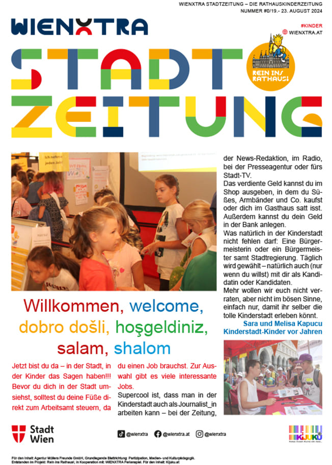 Welcome-Ausgabe der Kinderstadtzeitung - S. 1 - Einleitungs-Beitrag von Kindern