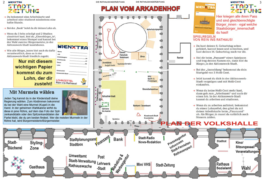 Welcome-Ausgabe der Kinderstadtzeitung - S. 2 + 3 mit Stadtplan, Infos und Regeln